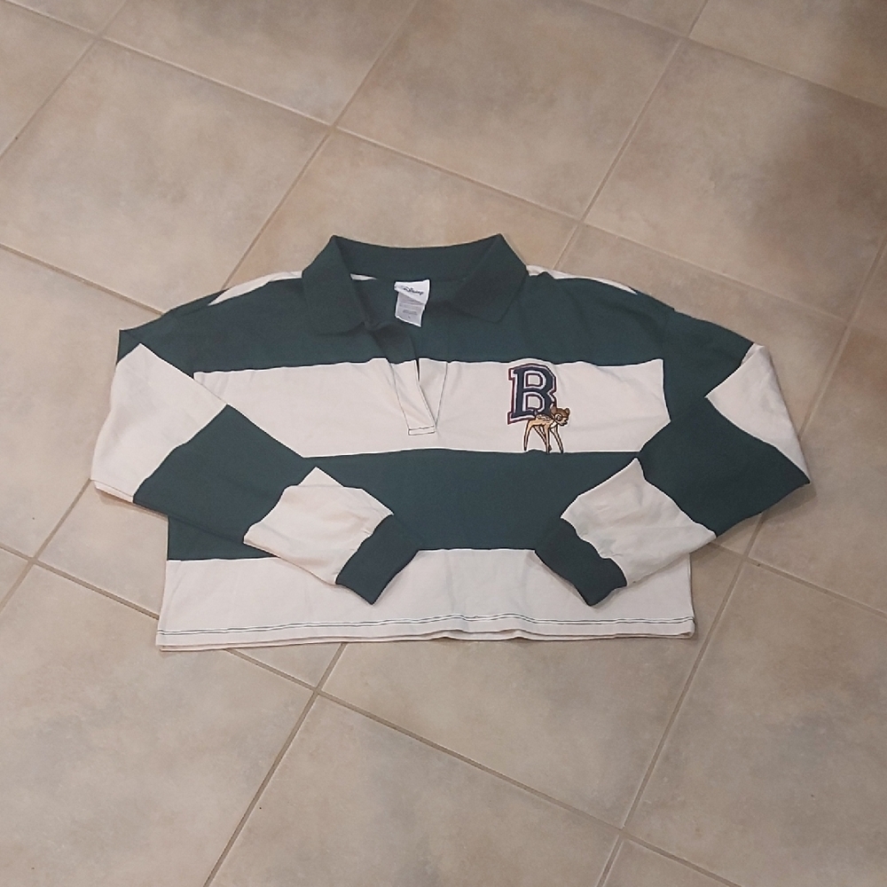 Disney Crop Rugby Jersey with Green and Cream Stripes